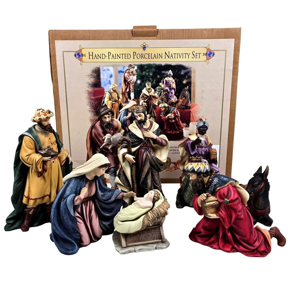 Vintage Grandeur Noel 2002 Porcelain Nativity Set 9 Pc Hand Painted Christmas